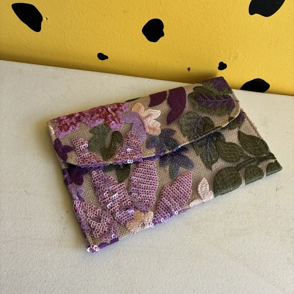 Handmade Floral Sequin Clutch Embroidered Evening Bag Pink Purple Wedding Guest